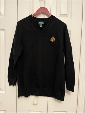Lauren Ralph Lauren Blue V-Neck Sweater with Gold Crest knit